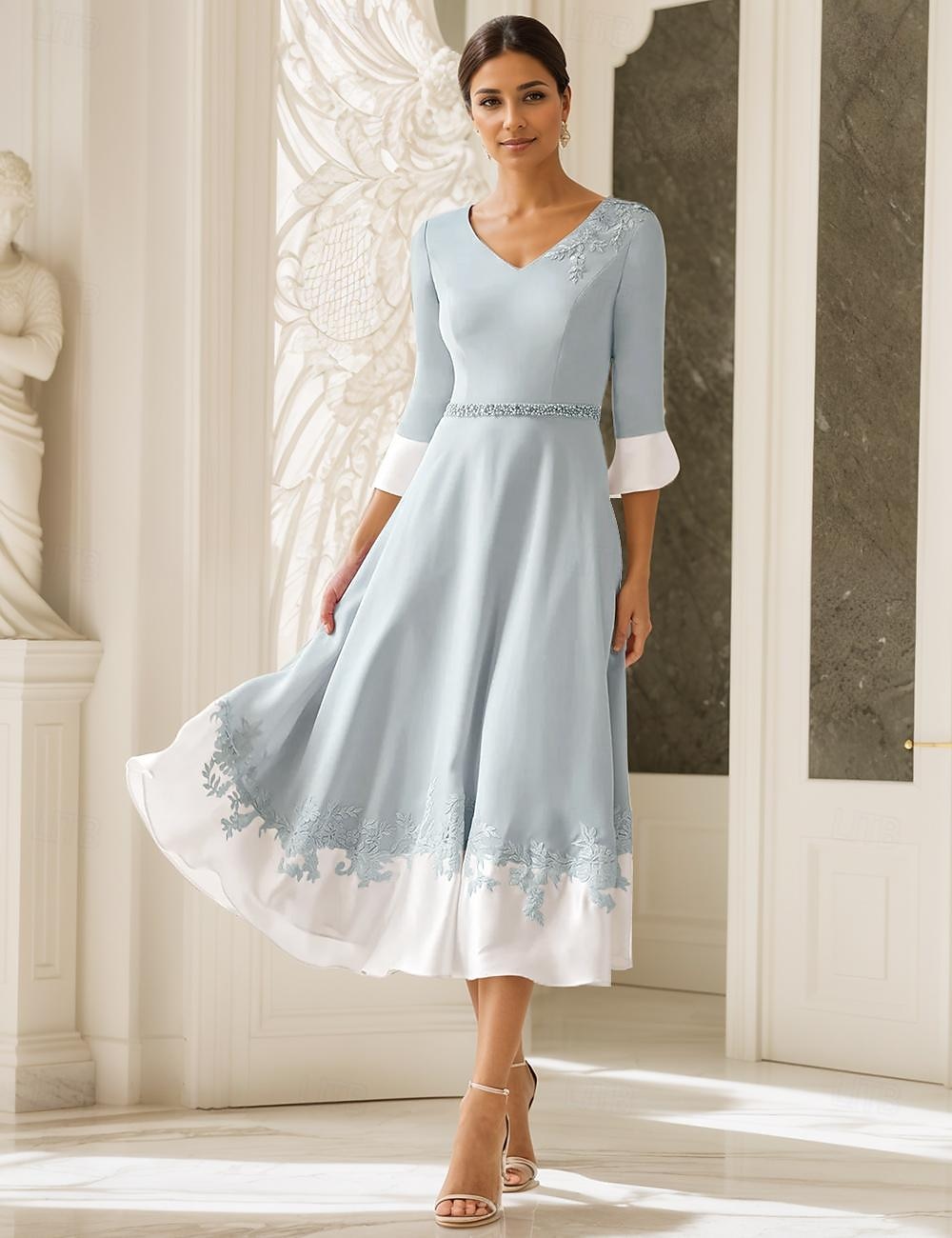 Strandhochzeit A-Linie Mutter der Braut Kleid Hochzeitsgast Kirche Eleganter V-Ausschnitt Tee-Länge Stretchstoff Halbe Ärmel mit Applikationen 2025 kostenlose Maßanfertigung 2025 - $180.99 –P2