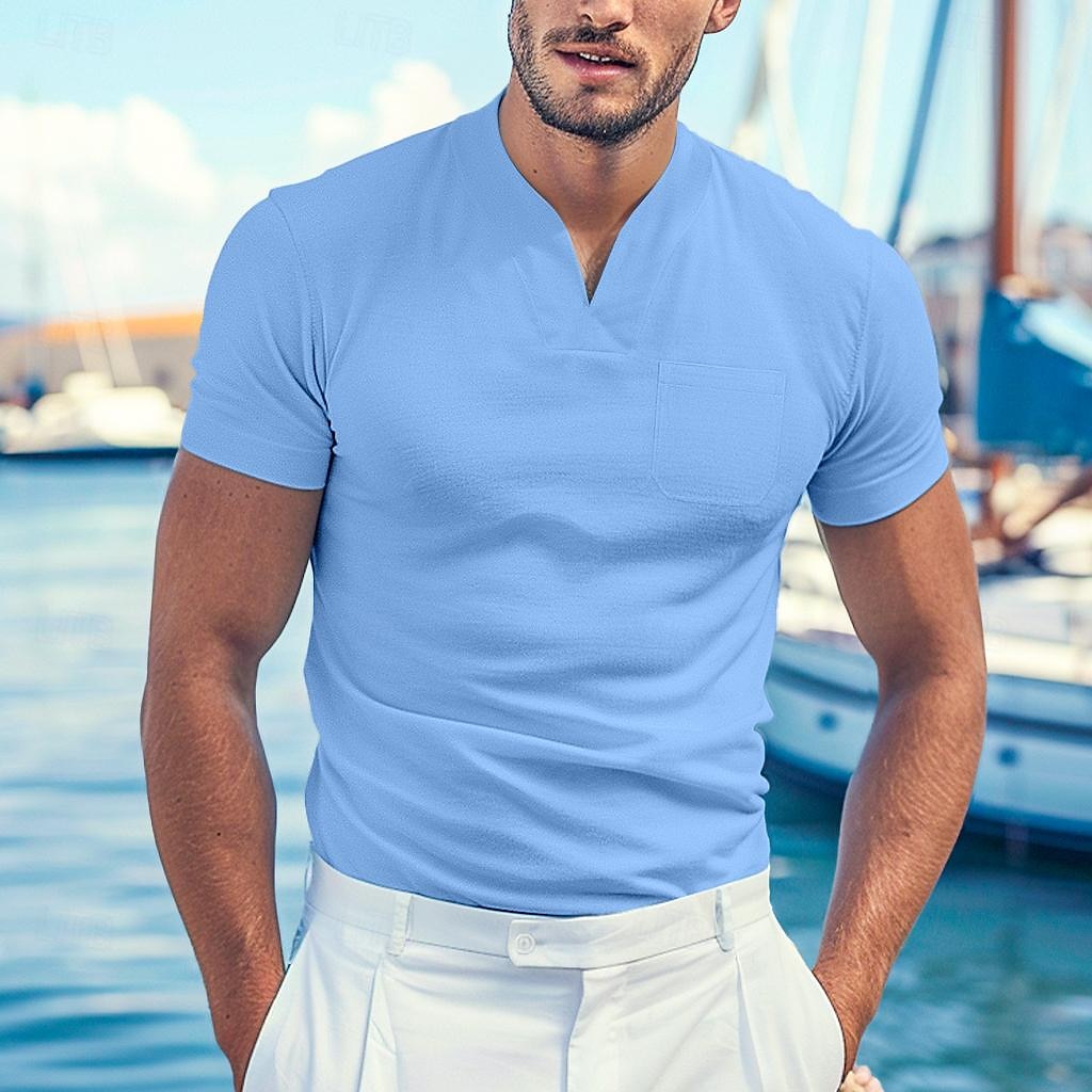 Herr T-shirt T-tröja Kortärmad V-hals Sommar Slät Mode Designer Grundläggande V-ringad Framficka Semester Utekväll Ledigt / vardag Svart Vit Blå Topp t-shirt för män 2025 - $11.49 –P1