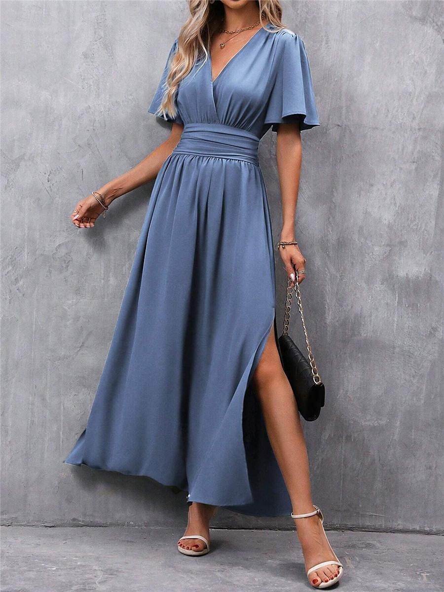 Robe d’été Robe unie Femme Robe Maxi Fendu Taille haute Mariage Soirée Elégant Grande occasion Col V Manche Courte Standard Bleu S M L XL de 2025 ? $60.99 -P7