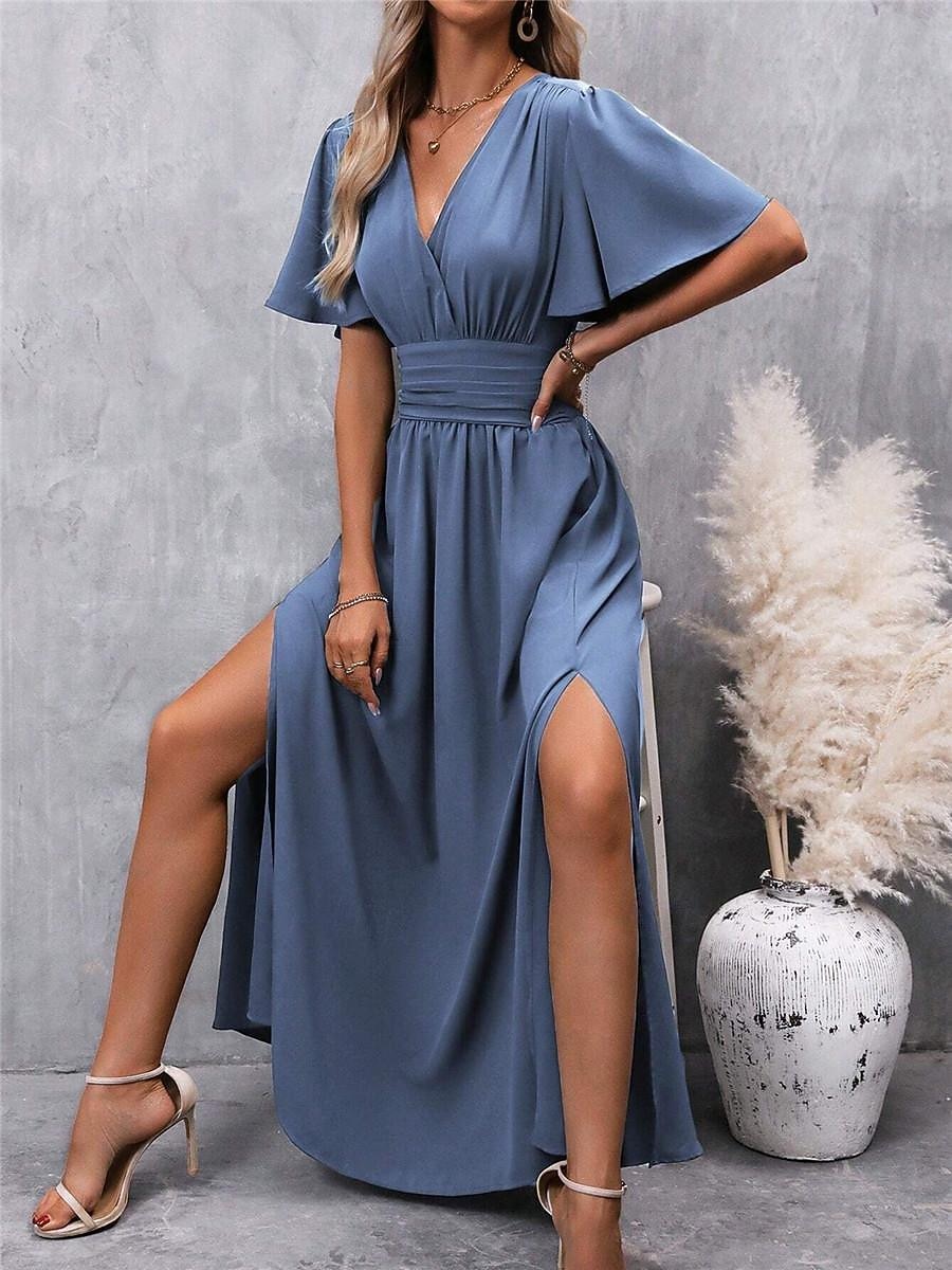 Robe d’été Robe unie Femme Robe Maxi Fendu Taille haute Mariage Soirée Elégant Grande occasion Col V Manche Courte Standard Bleu S M L XL de 2025 ? $60.99 -P4