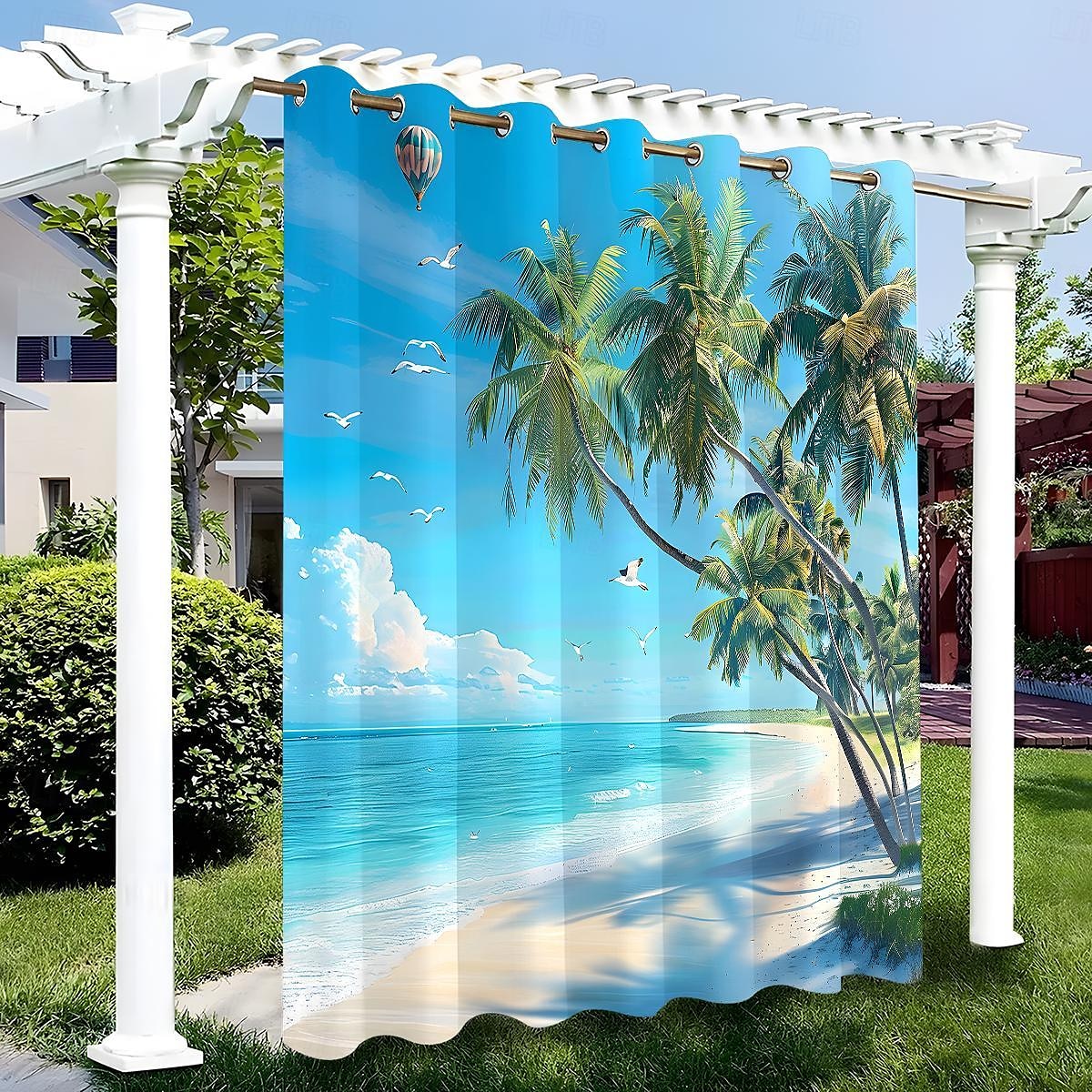 Wasserdichter Outdoor Vorhang Sichtschutzvorhang für den Außenbereich, Schiebevorhänge für die Terrasse, Pergola mit Ösen, Strand-Palmen-Landschaft für Pavillon, Balkon, Veranda, Party, 1 Panel 2025 - $37.99 –P17