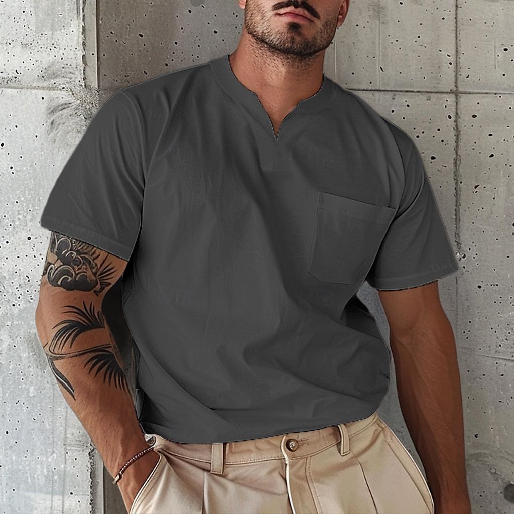 Voor heren T-shirt Korte mouw V-hals Zomer Effen Modieus Ontwerper Basic Knop Voorvak Vakantie Uitgaan Casual / Dagelijks Licht Blauw Legergroen Marine Top T-shirt voor mannen 2025 - $17.99 –P8