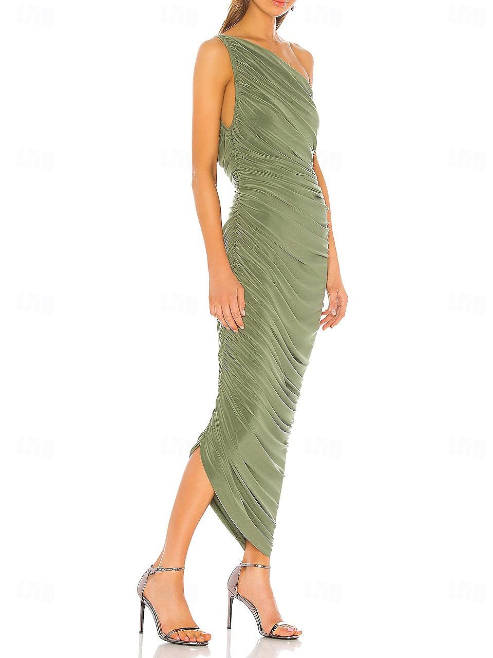 Groene Sheath Bruiloft Gasten Jurken Elegante Jurk Formele Enkel Lengte Mouwloos Off Schouder Stretch Chiffon met Kruis Gerimpeld 2025 - $159.99 –P2