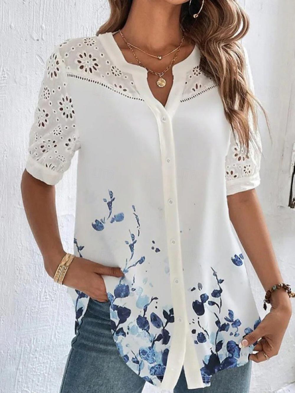 Women's Shirt Blouse Dressy Tops Casual Floral Buttons Cut Out Print Short Sleeve Regular Tops V Neck Vacation Daily Black Pink Blue Light Blue Summer 2025 - $31.99 –P3