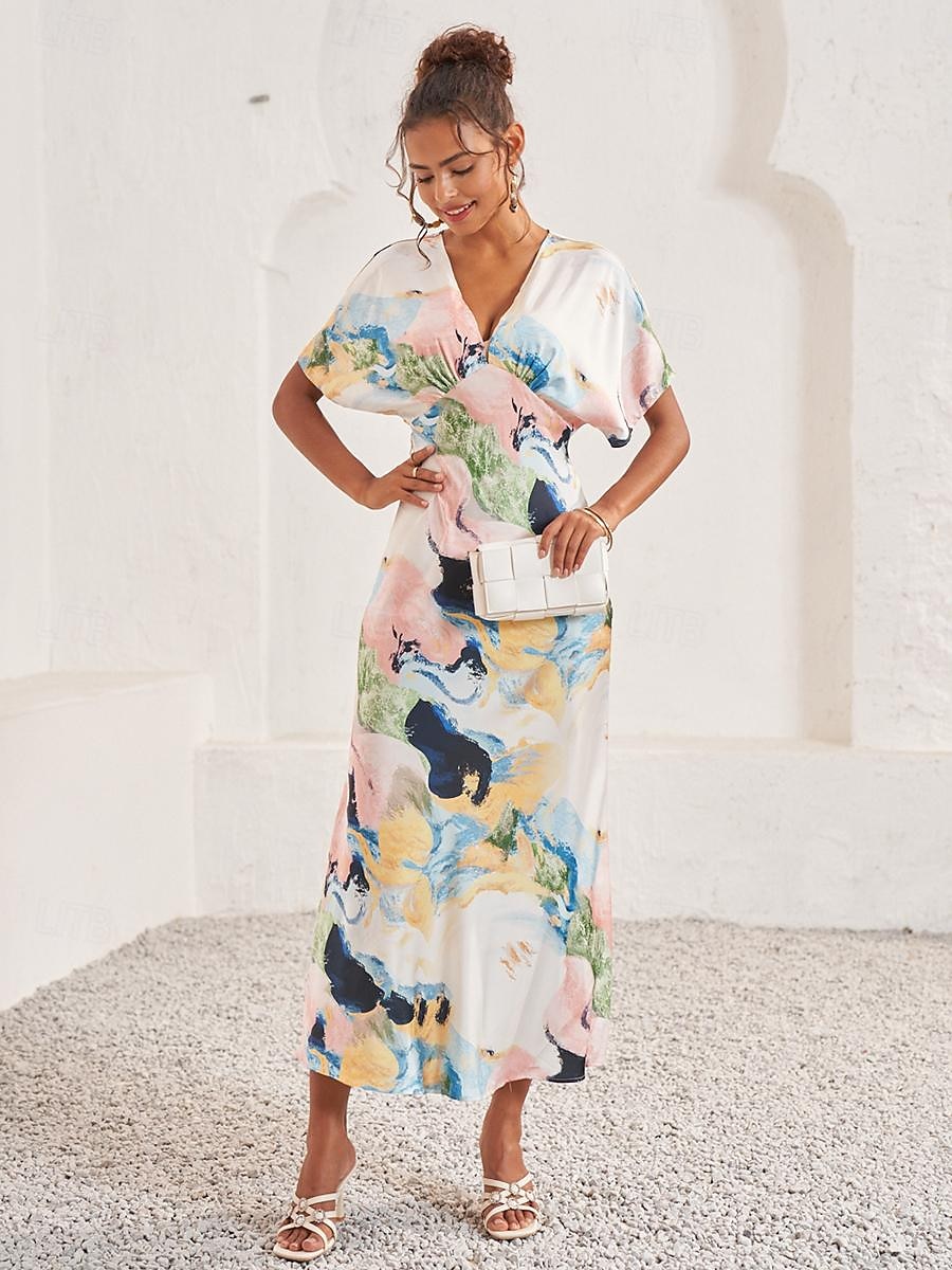 Women's Wedding Guest Dress Elegant Tie Dye Maxi Dress Short Sleeve V Neck Print Loose Fit Daily White Blue Purple Summer Dress 2025 - $59.99 –P2
