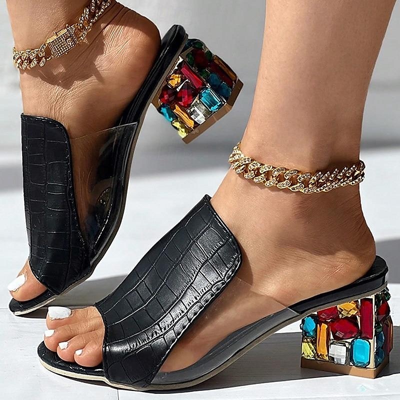 sandali bianchi da donna con punta aperta e stampa coccodrillo – eleganti tacchi a blocco slip-on con decorazioni in strass colorati per feste ed estate del 2025 a $29.99 –P4