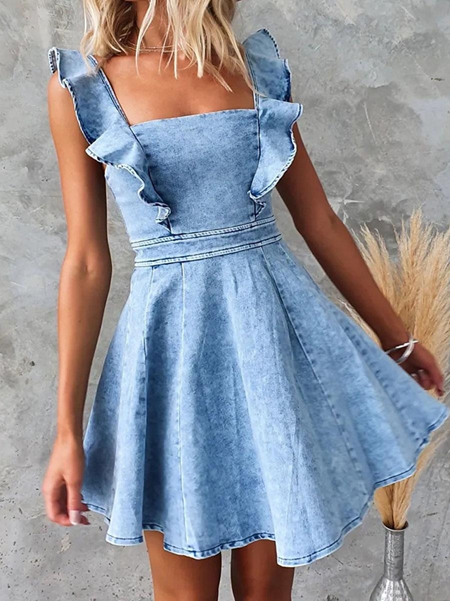 Women's Denim Dress Mini Dress Denim Ruffle Backless Date Vacation  Streetwear Basic Spaghetti Strap Sleeveless Blue Light Blue Color 2026 -  $45.99
