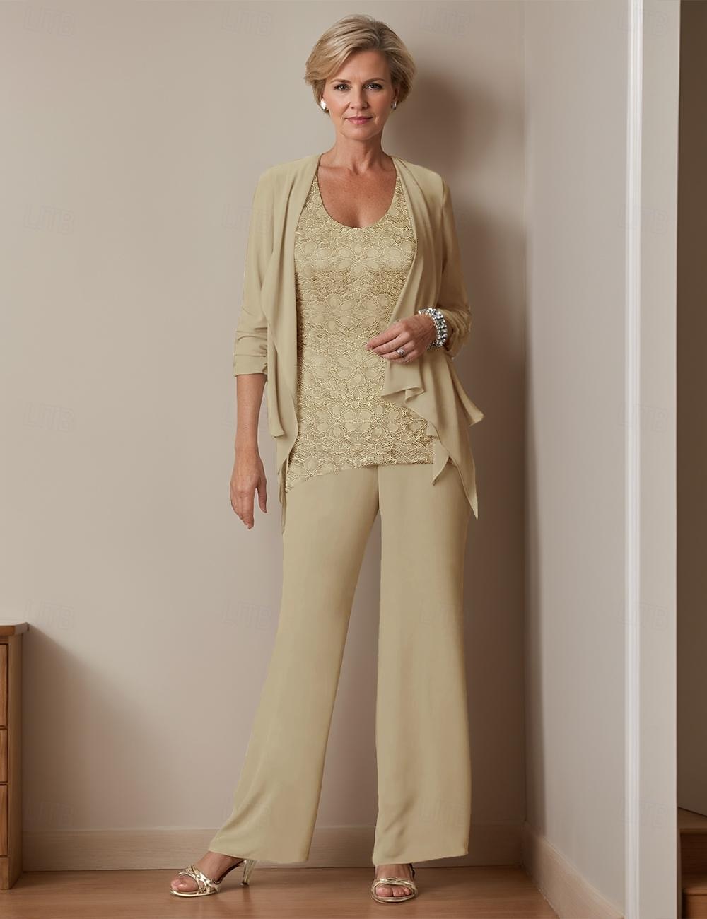 Strand Hochzeits-Jumpsuits Mutter der Braut Hochzeitsgast Eleganter Rundhalsausschnitt Knöchellang Chiffon Langarm mit Spitze 2025 kostenlose Maßanfertigung 2025 - $171.99 –P5