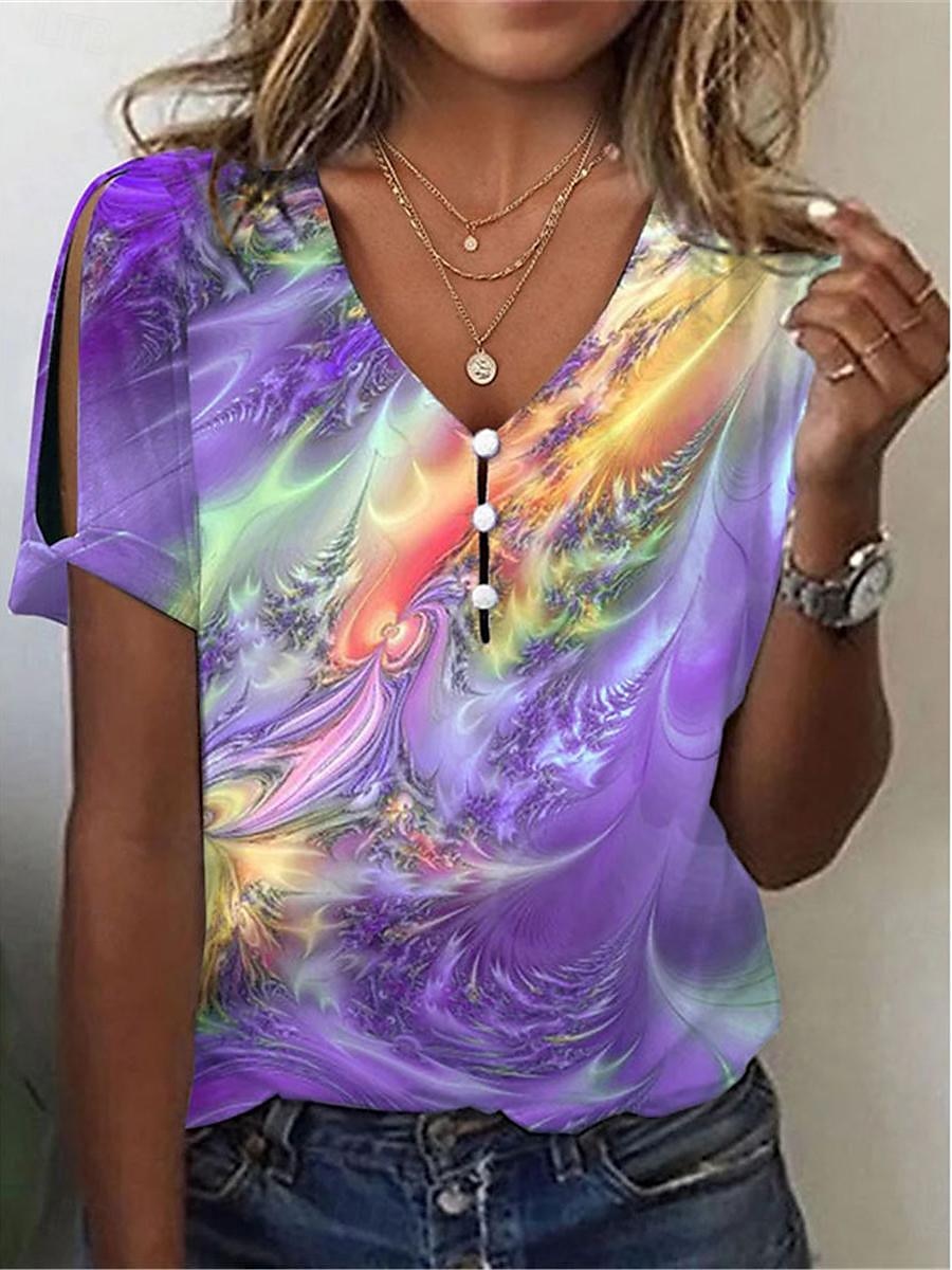 Per donna maglietta Colorato a macchie Di tendenza Moderno Manica corta A V Top regolari Giornaliero Bottoni Stampa Rosso Blu Viola Verde Estate del 2025 a $21.99 –P2