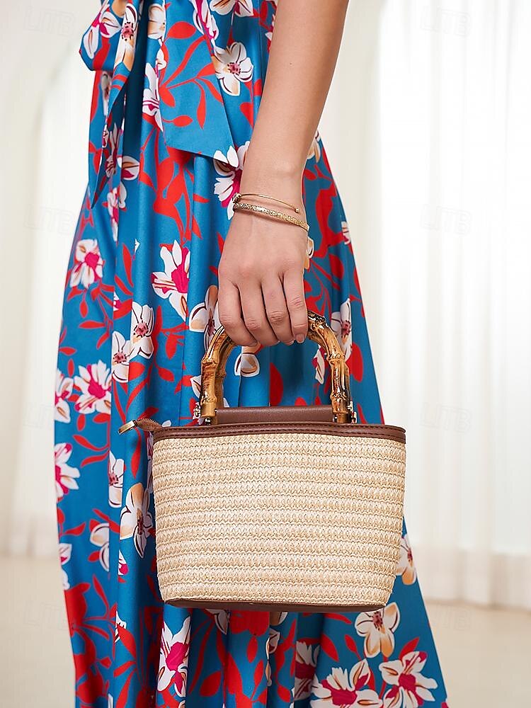 Dámské Kabelka Crossbody kabelka Taška přes rameno Kbelík Bag Sláma Bag Sláma Dovolená Plážové Cestování Bambusová rukojeť Velká kapacita Multi Carry Pevná barva Slátanina Béžová 2025 - $24.99 -P1