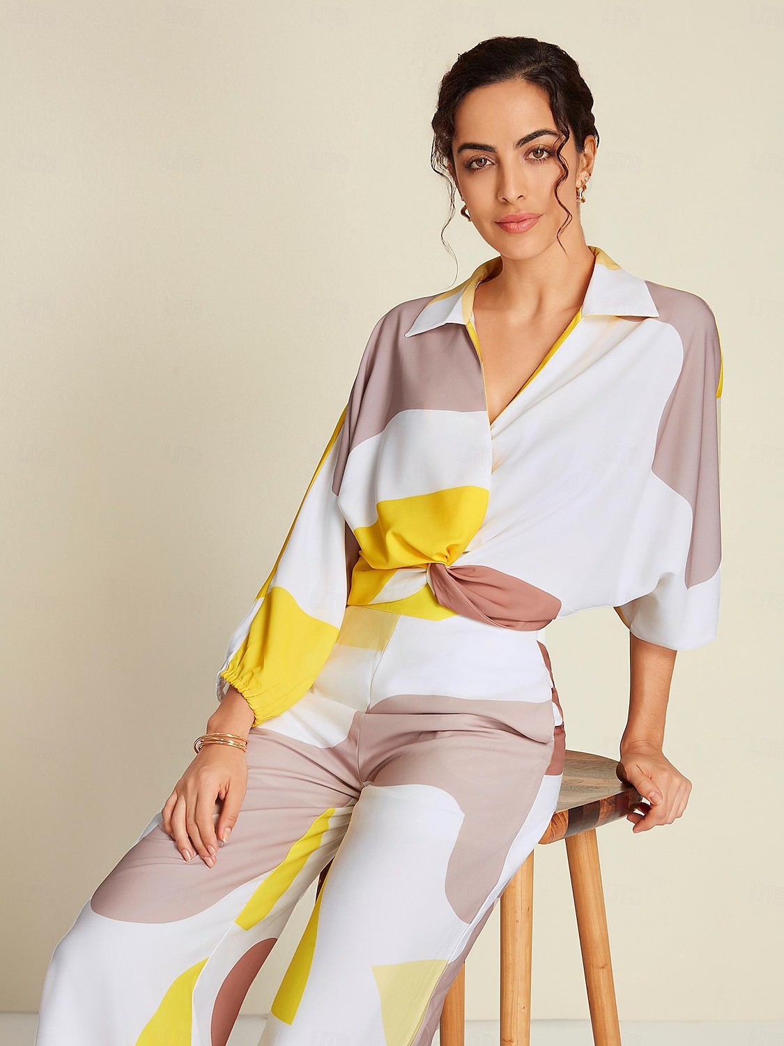 Satin Contrast Knot Front Balloon Sleeve Shirt 2025 - $41.99 –P1