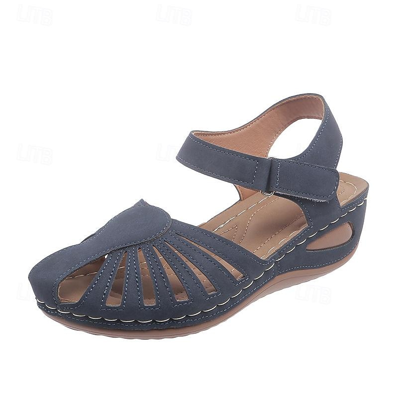 Sandales compensées rétro pour femmes, couleur unie, bout fermé, chaussures découpées, sandales décontractées à bride arrière, noir, bleu, orange de 2025 ? $24.99 –P7