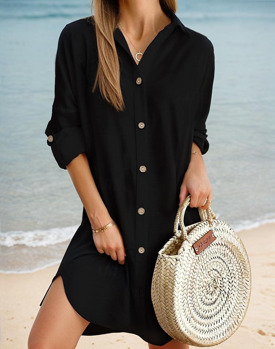 Pentru femei Rochie Mini Rochii inspirate din in Rochie albă Rochii Tip Cămașă Casual Concediu Plajă Fit regulat Simplu Manșon Lung Rever Negru Alb Roz Îmbujorat Albastru piscină Vară Toamnă 2025 - $32.99 –P2