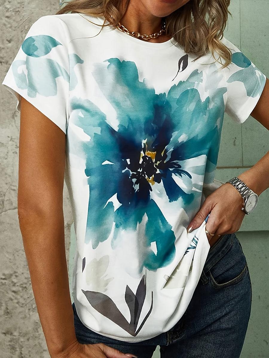 t-shirt femme élégant décontracté imprimé manches courtes hauts réguliers col rond quotidien blanc rouge vert été de 2025 ? $21.99 –P3