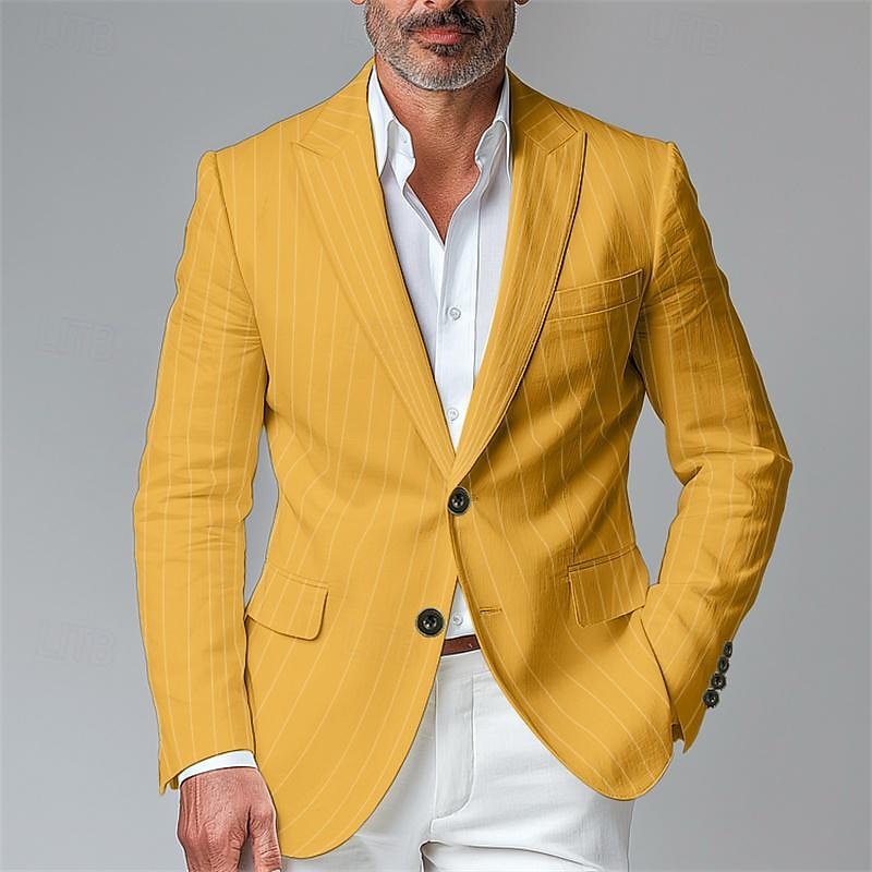Hombre chaqueta Negocio Fiesta de Cóctel Fiesta de Boda Moda Casual Primavera & Otoño Poliéster Rayas Botón Bolsillo Cómodo Botonadura Simple Chaqueta de sport Negro Blanco Amarillo Azul Piscina 2025 - $54.99 –P12