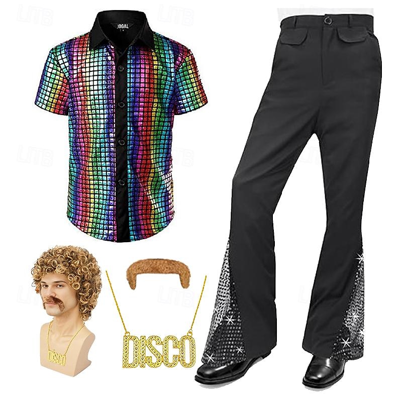 férfi 70-es évek diszkó ingek fémes flitterek rövid ujjú gombos ingek retro vintage 1970-es évek jelmez előadás party színpad halloween 2025 - $60.99 –P13