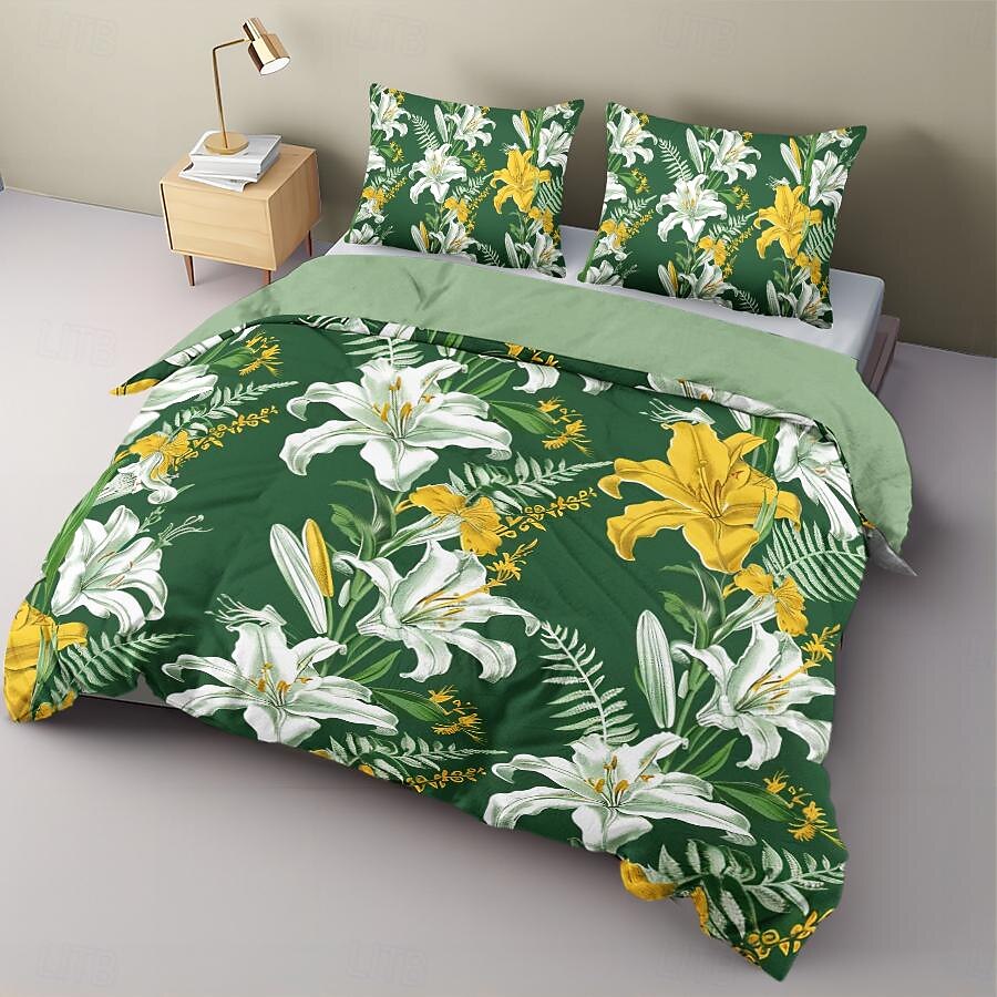 Conjunto de edredom de 3 peças com estampa de lírio branco, para quarto de hotel, quarto de hóspedes, conjunto confortável, 1 capa de edredom, 2 fronhas de 2025 por $60.99 –P7