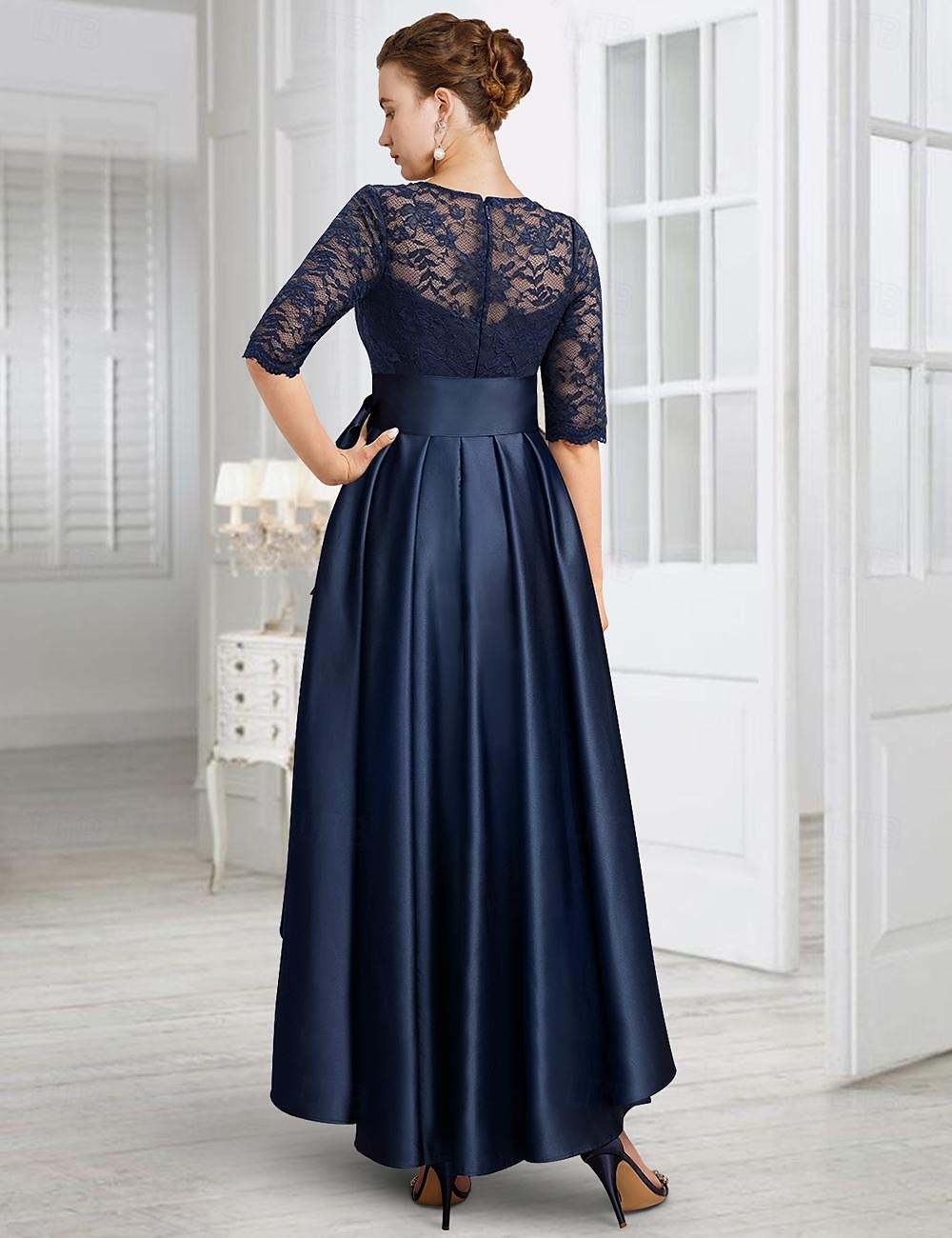 Abito A-Line da Madre della Sposa Abito da Sposa Elegante Alto Basso Collo a Gioiello Lungo fino al tè in Raso Pizzo Maniche Half con Nastro di Pizzo taglia personalizzata gratuita del 2025 a $169.99 –P2