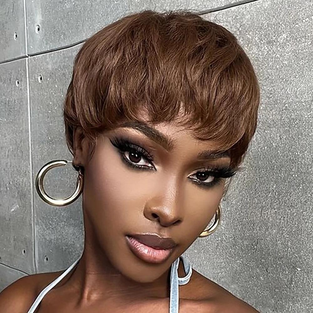 Perruque courte coupe lutin marron cheveux humains pour femmes noires perruques fabriquées à la machine avec frange perruque sans colle colorée perruques de cheveux humains de 2026 ? $47.99 –P6