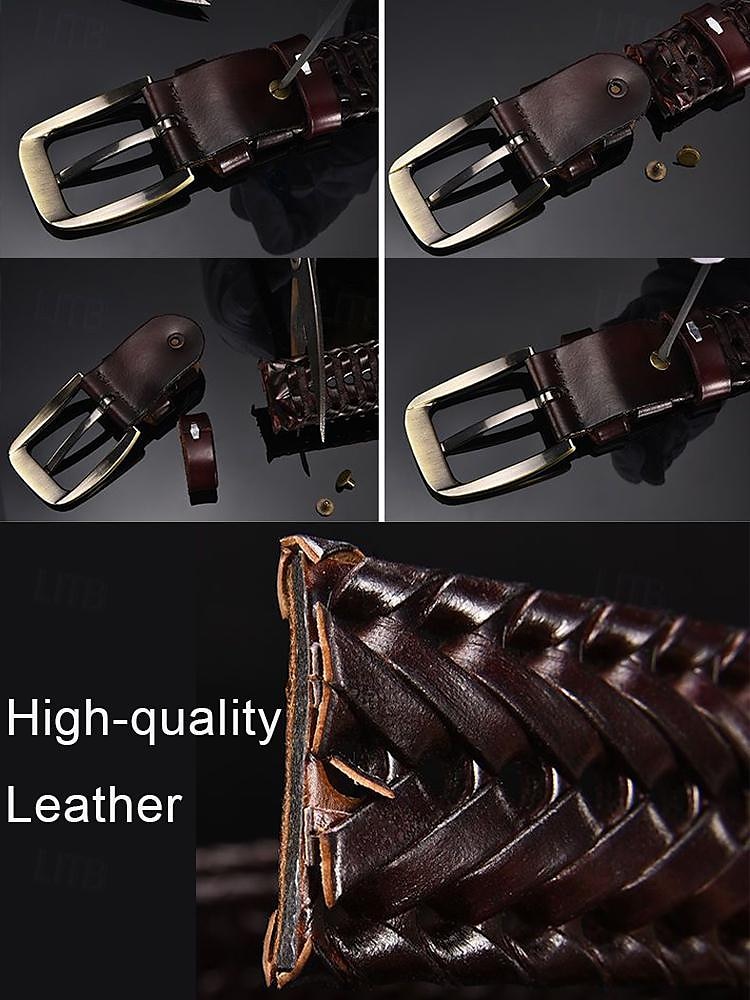 Men's Braided Leather Belt with Brass Buckle – Vintage Style in Black and Brown, Adjustable for Casual and Formal Wear 2025 - $16.99 –P4