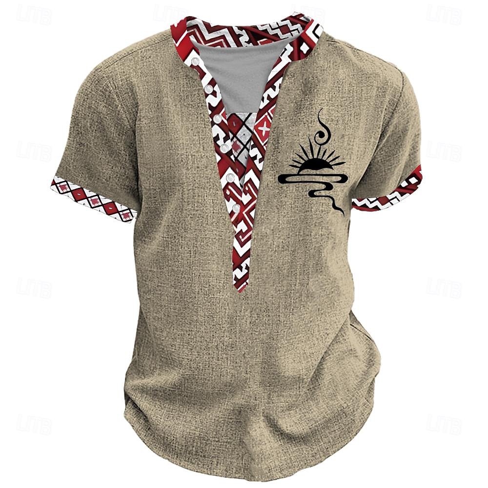 Herre Stamme Afrikansk mønster T skjorte Henly-skjorte Kortermet 3D-utskrift Designer Etnisk Avslappet Daglig Sommer Gul Grønn Kakifarget Henley Henley T-skjorte 2025 - $20.99 –P4