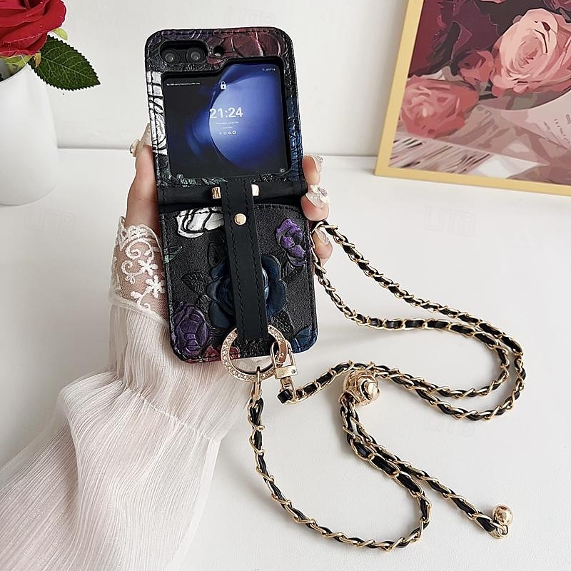 telefone Capinha Para Samsung Galaxy Z Virar 6 Z Flip 5 Z Flip 4 Z Flip 3 Capa traseira com cordão com pulseira Slot para cartão TPU Couro PU de 2025 por $22.99 –P1