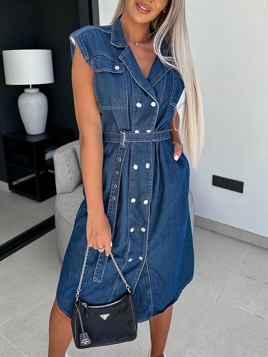 Damskie Dżinsowe sukienki Sukienka koszulowa Sukienka midi Randka Urlop Jeans Podstawowy Nowoczesny Kołnierzyk koszuli Kieszeń Pasy Krótki rękaw Lato Wiosna Regularny Równina 2025 - $65.99 –P3