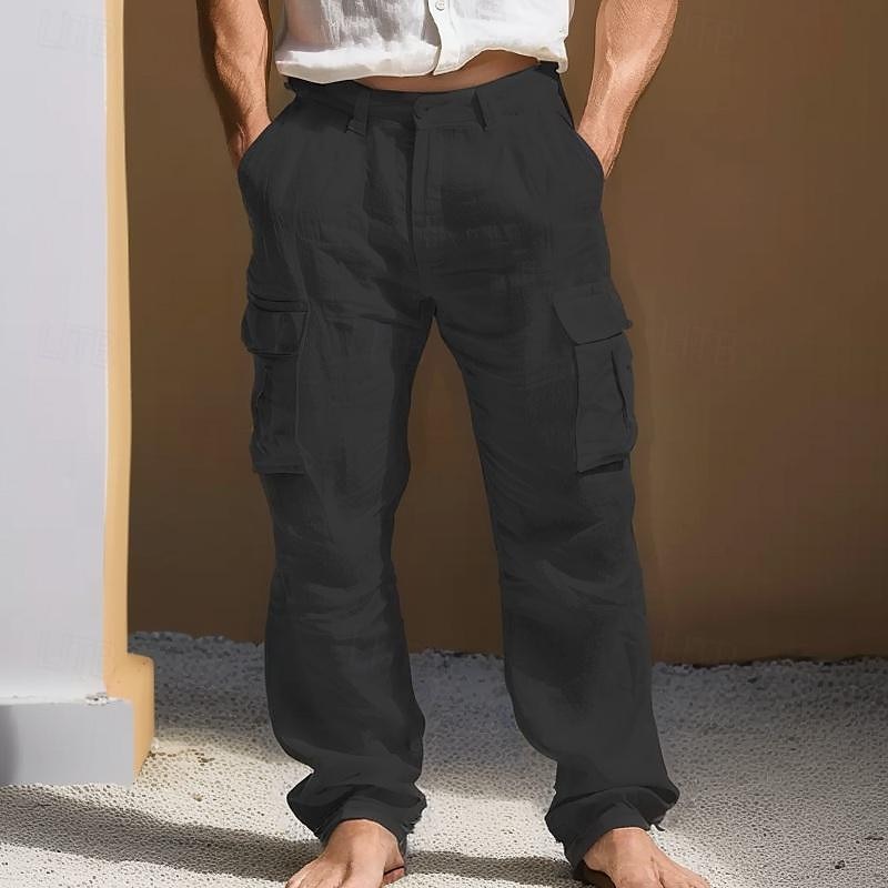 Herr Linne Byxor Långbyxor Sommarbyxor Flera fickor Rakt ben Slät Komfort Andningsfunktion Fullängd Utomhus Dagligen Utekväll Mode Streetwear Svart Vit 2025 - $29.99 –P3