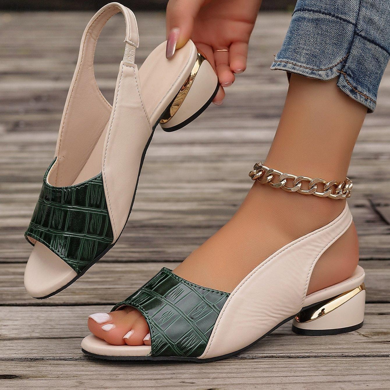 Women's Green and Beige Open-Toe Slingback Sandals – Crocodile Pattern Design with Gold Heel Accents for Casual and Elegant Summer Outfits 2025 - $32.99 –P12
