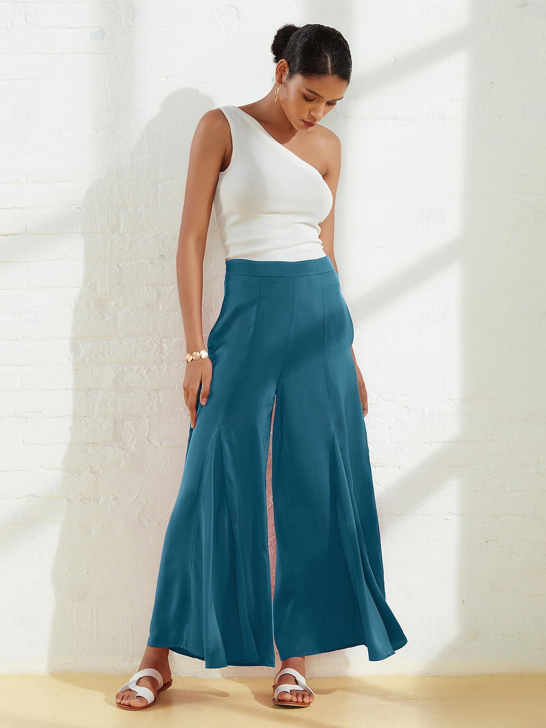 kvinners brede ben bukser burgunder sateng lomme casual elegante loose fit bukser våren sommer 2026 - $79.99 –P13