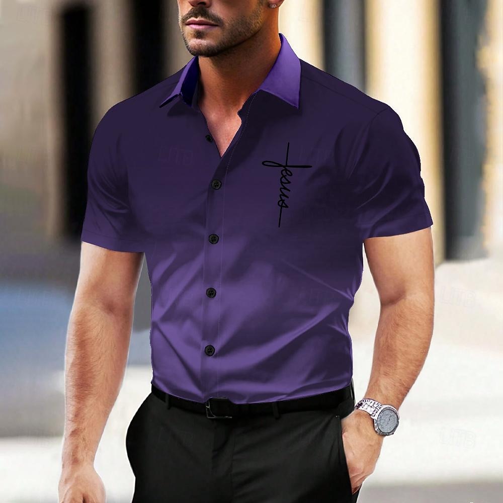 Муж. Рубашка Кнопка рубашка Футболки с принтом на открытом воздухе Отпуск Красный Синий Чернильный синий Лиловый С короткими рукавами Отложной Лето Одежда Кнопка вверх 2026 - $25.99 –P5
