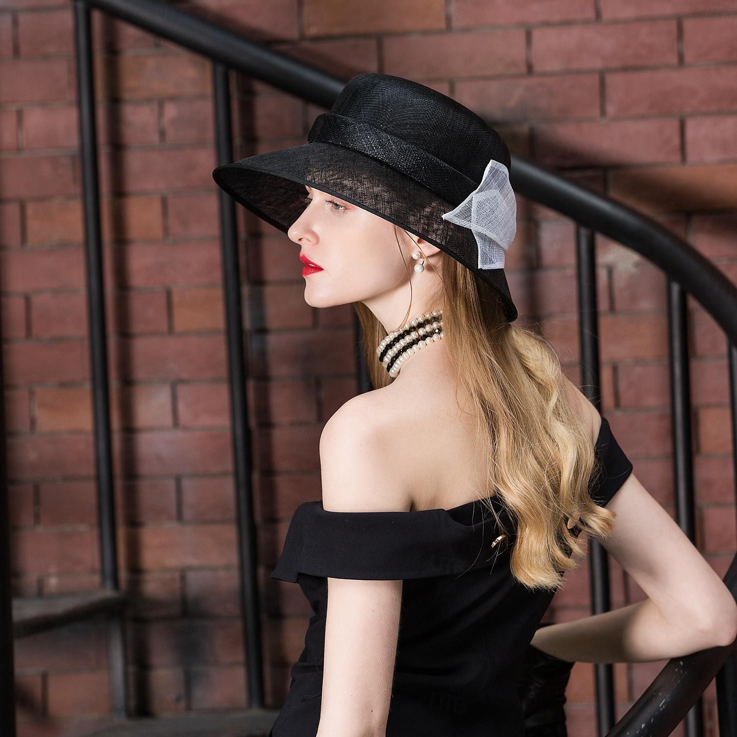 cappelli cappello a bombetta / cloche in lino cappello a secchiello cappello da sole matrimonio tea party matrimonio elegante con copricapo bowknot copricapo del 2025 a $52.99 –P6