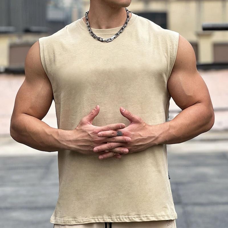 2025年 男性用 ワークアウトタンクトップ ランニングタンクトップ ジム用タンクトップ ノースリーブ ベスト カジュアル アスレイジャー ソリッド コットン 速乾性 ソフト 高通気性 ジムトレーニング ウォーキング ジョギング スポーツウェア アクティブウェア ブラック ホワイト ブルー  コレクション – GBP £16 –P4