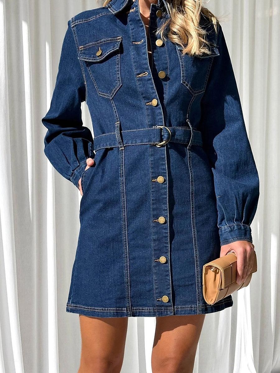 Naisten Farkkumekko Paitamekko Mini mekko Deitti Loma Denim Perus Moderni Paitapuserokaula-aukko nappi Tasku Pitkähihainen Kesä Kevät Normaali Tavallinen 2025 - $53.99 –P6