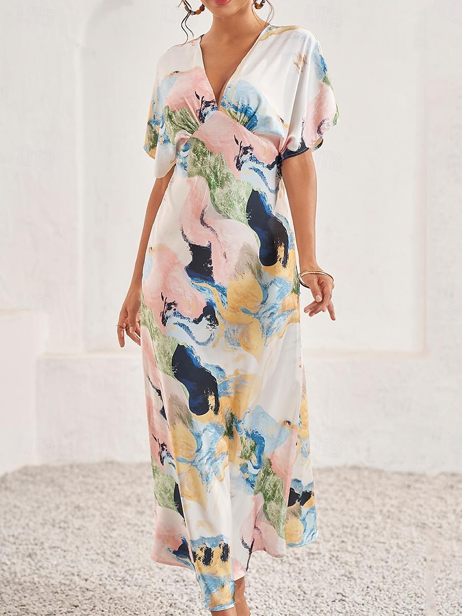 Women's Wedding Guest Dress Elegant Tie Dye Maxi Dress Short Sleeve V Neck Print Loose Fit Daily White Blue Purple Summer Dress 2025 - $59.99 –P6