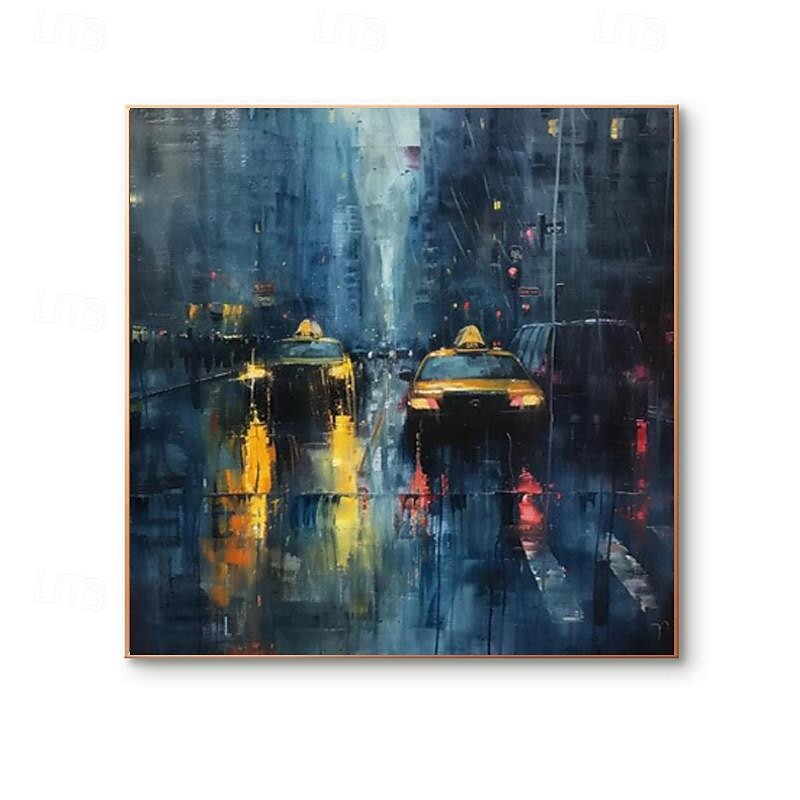 chodec s deštníky v deštivém městě malba olejomalba ručně malovaná deštivé město olejomalba ručně vyráběná panoráma města umění městská malba plátno domácí dekorace natažený rám připravený k zavěšení 2026 - $101.99 –P7