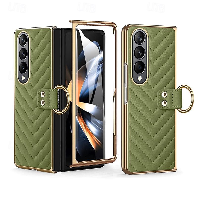 2025年 電話 ケース 用途 サムスンのギャラクシー Z Fold 5 Z Fold 4 Z Fold 3 バックカバー とスクリーンプロテクター リングバックル 耐衝撃 レトロ風 TPU メタル PUレザー  コレクション – $27.99 –P10