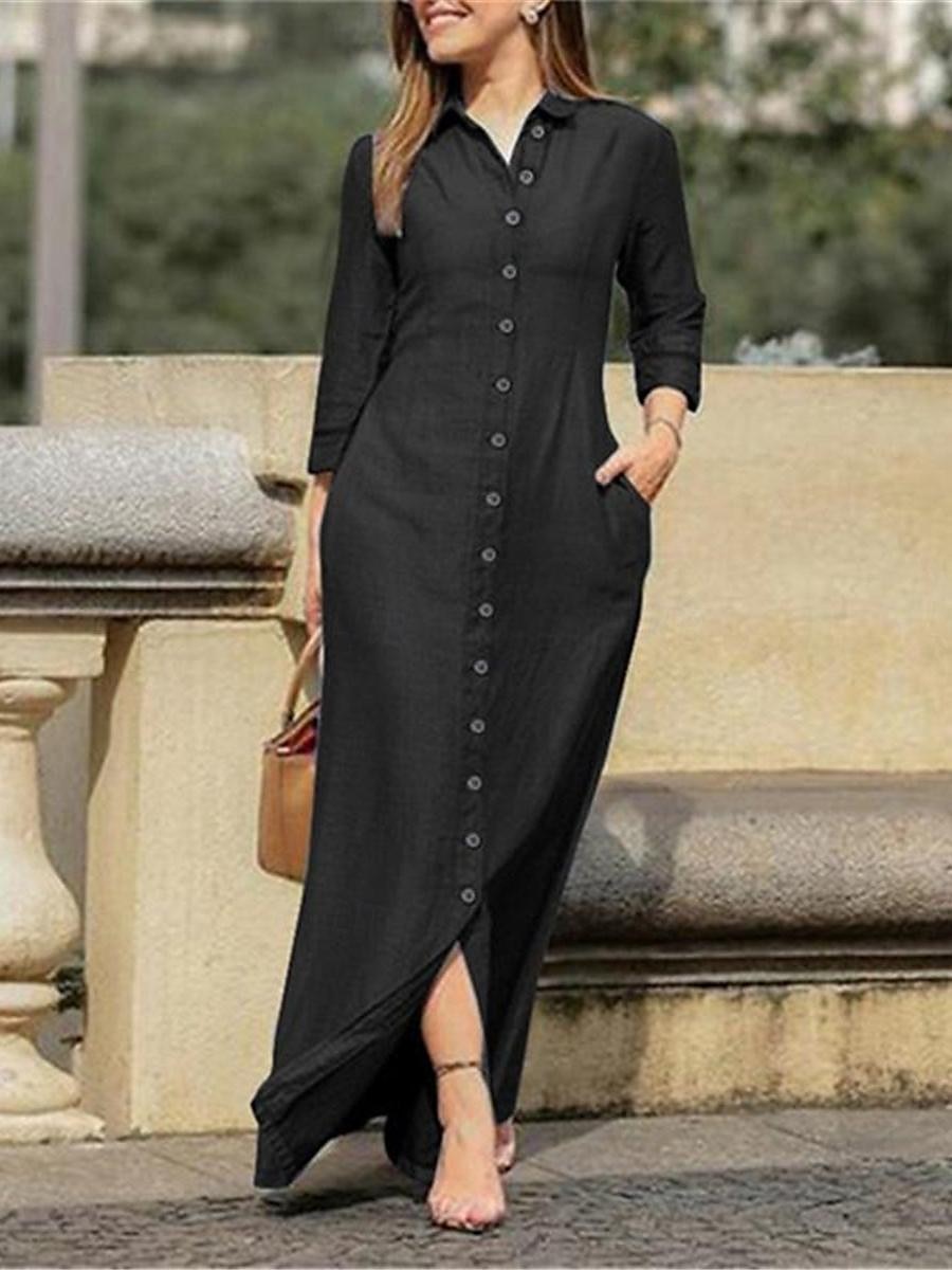 Damskie Dżinsowe sukienki Sukienka koszulowa Sukienka maxi Biuro Jeans Podstawowy Formalny Kołnierzyk koszuli Guzik Kieszeń Długi rękaw Lato Wiosna Regularny Równina 2025 - $39.99 –P3