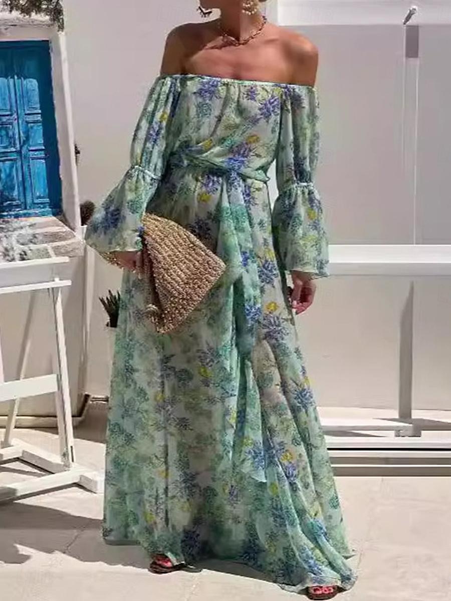 Női Hosszú ruha Maxi ruha hétköznapi ruha Swing ruha A vonalú ruha nyári ruha Stílusos Alkalmi Boho Vakáció Napi Randi Normál Virágos Hosszú ujj Aszimmetrikus Világoszöld Nyár 2025 - $41.99 –P1