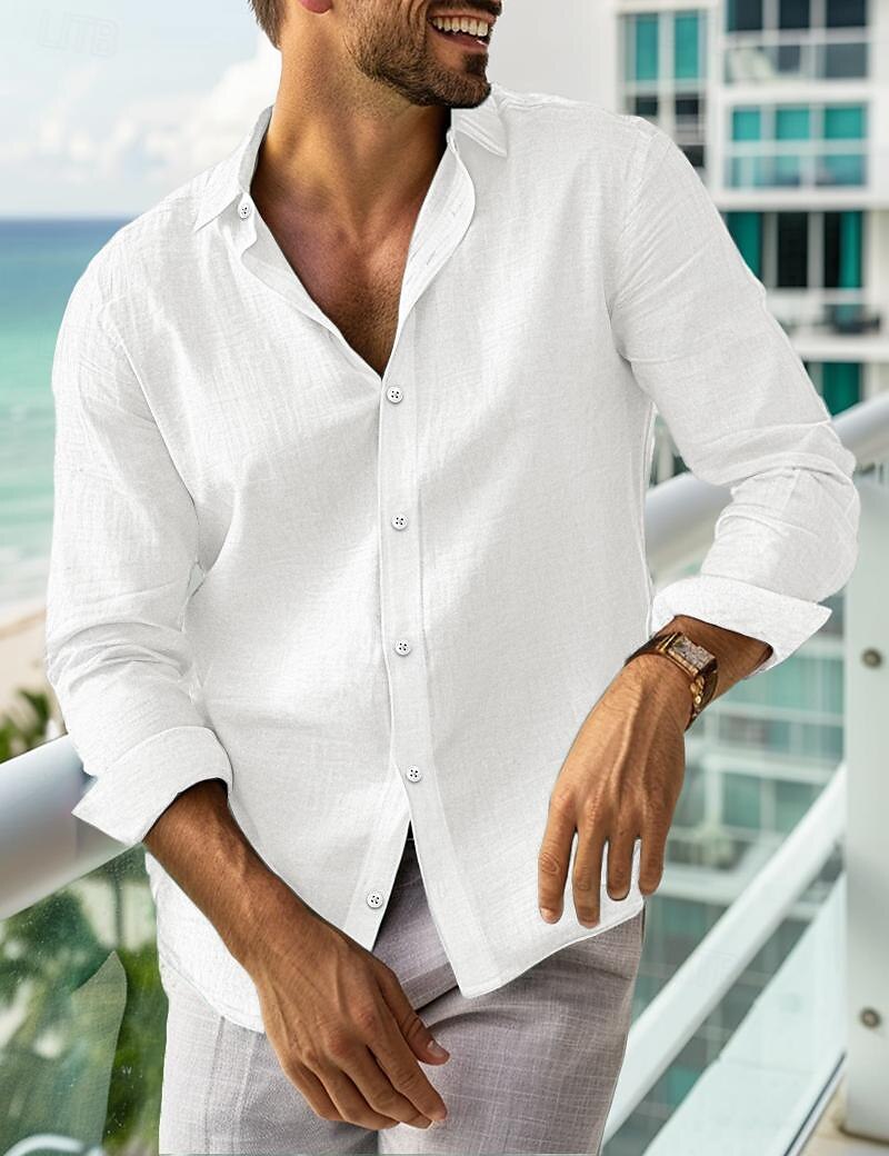 Herren leinenhemd Sommerhemd Strandbekleidung Lässiges Hemd Knopfhemd Glatt Urlaub Curise Schwarz Weiß Rosa Marineblau Langarm Kargen Frühling Sommer Bekleidung 2025 - $23.99 –P2