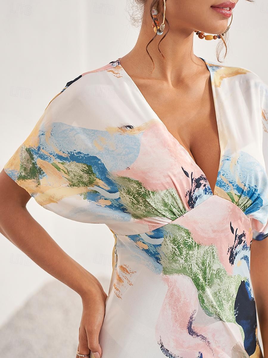 Women's Wedding Guest Dress Elegant Tie Dye Maxi Dress Short Sleeve V Neck Print Loose Fit Daily White Blue Purple Summer Dress 2025 - $59.99 –P5