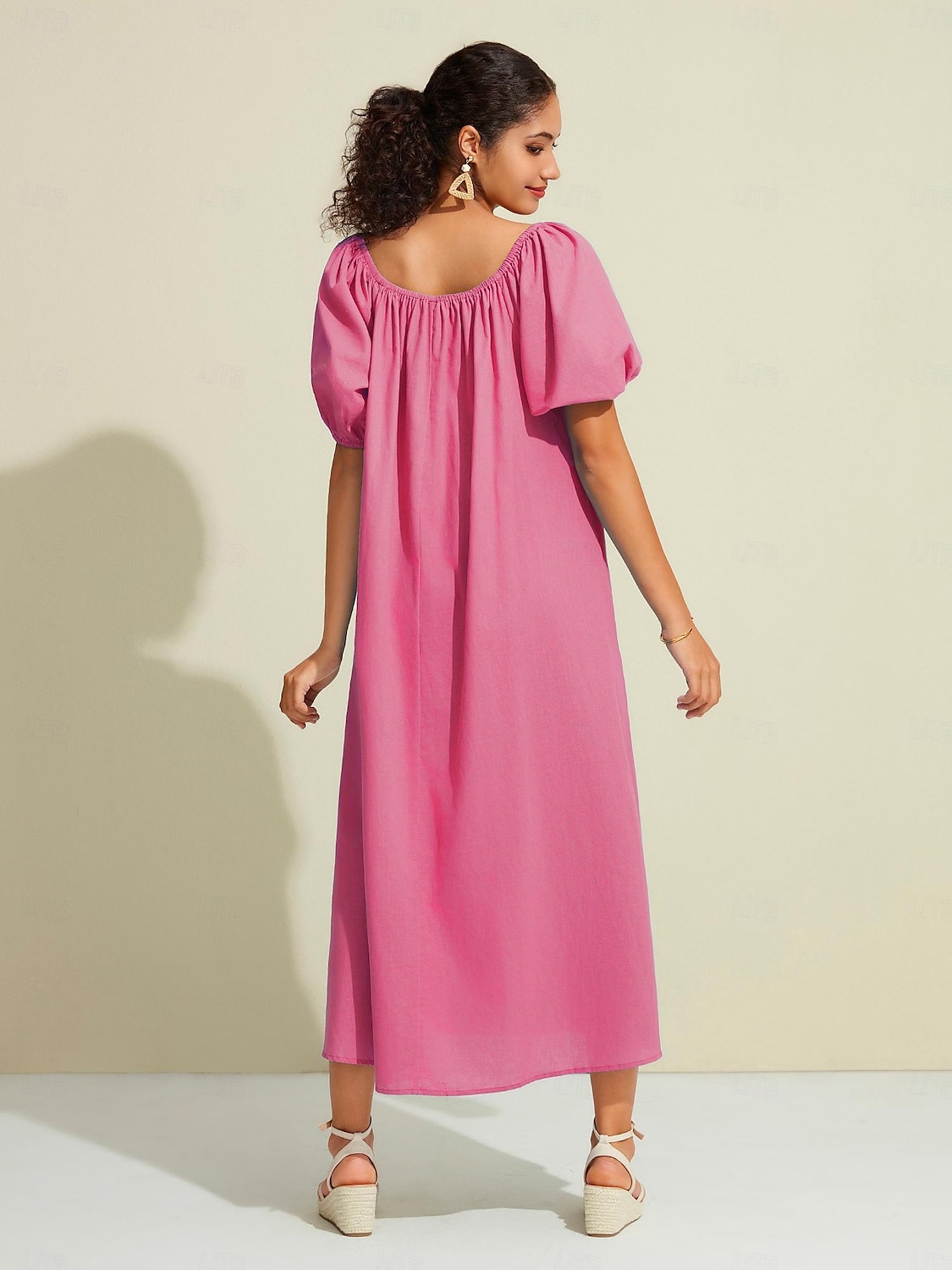 kvinners maxikjole i bomull fritidsklær feriekjole grønn løs passform off-shoulder puffermer en linje sommerkjole 2025 - $52.99 –P10