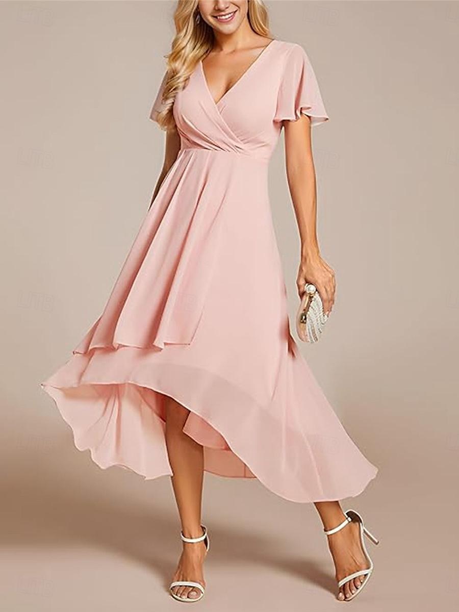 Per donna Abiti in chiffon Vestito maxi Chiffon Con balze Ufficio Cocktail party Elegante Da cerimonia A V Manica corta Nero Bianco Rosa Colore del 2025 a $50.99 -P20