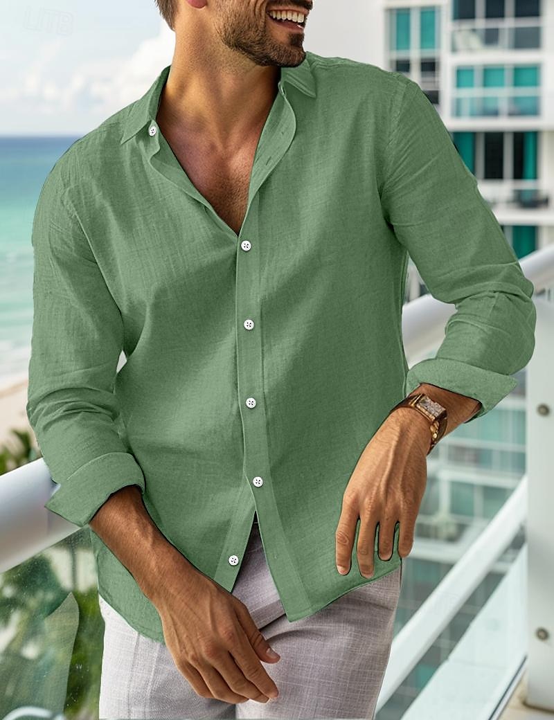 Herren leinenhemd Sommerhemd Strandbekleidung Lässiges Hemd Knopfhemd Glatt Urlaub Curise Schwarz Weiß Rosa Marineblau Langarm Kargen Frühling Sommer Bekleidung 2025 - $23.99 –P1