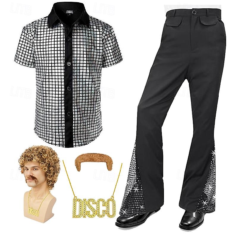 férfi 70-es évek diszkó ingek fémes flitterek rövid ujjú gombos ingek retro vintage 1970-es évek jelmez előadás party színpad halloween 2025 - $60.99 –P15