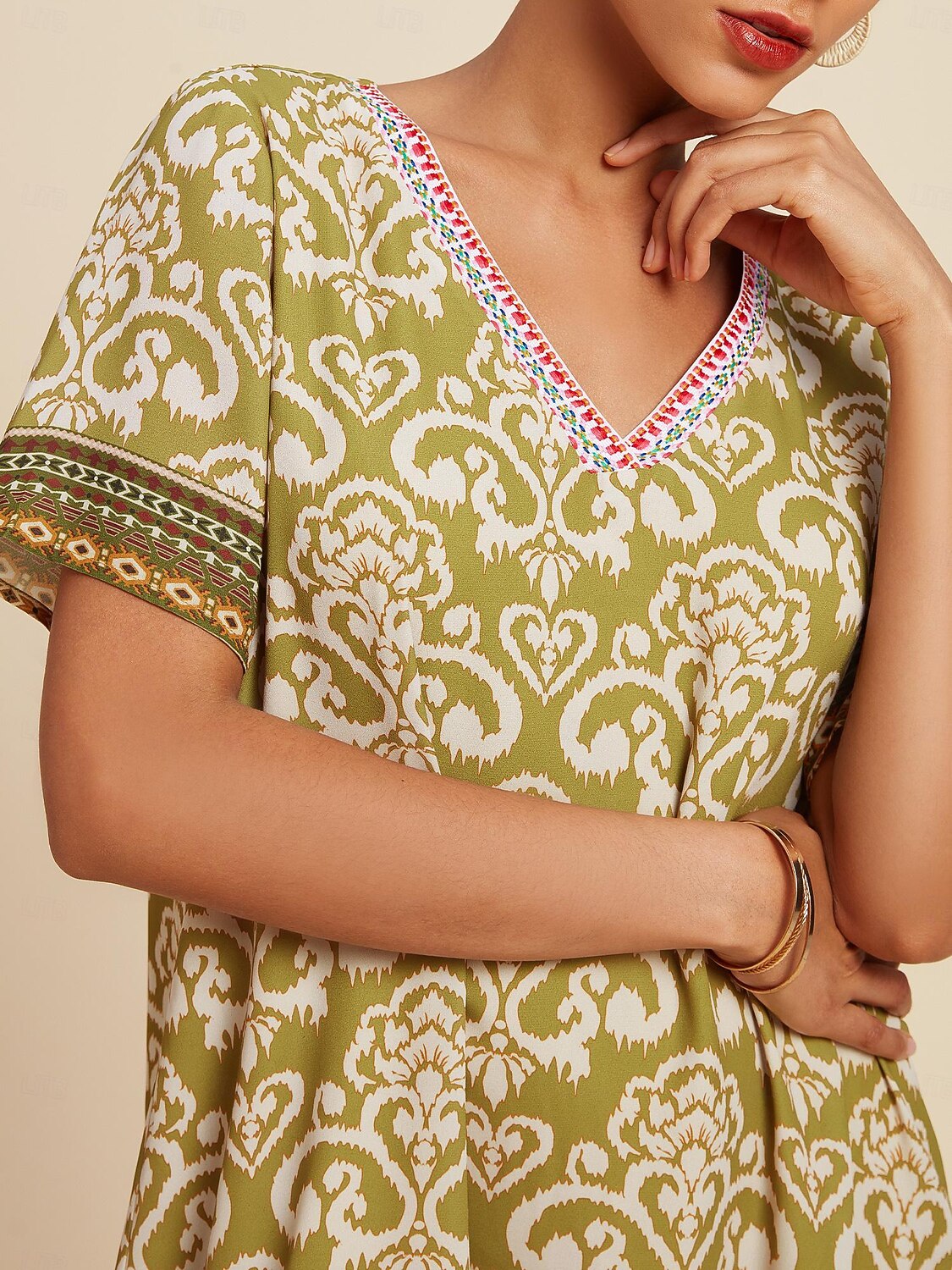 Chiffon Geometric Boho V Neck Short Sleeve Mini Dress 2025 - $72.99 –P2
