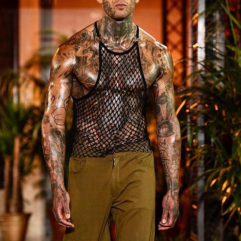 Herren Tank Top Weste Unterhemd Ärmelloses Shirt Ärmellos Rundhalsausschnitt Sommer Einfach Mode Designer Basic Netz Urlaub Straße Ausgehen Schwarz Top T-Shirt für Herren 2025 - $17.49 –P3