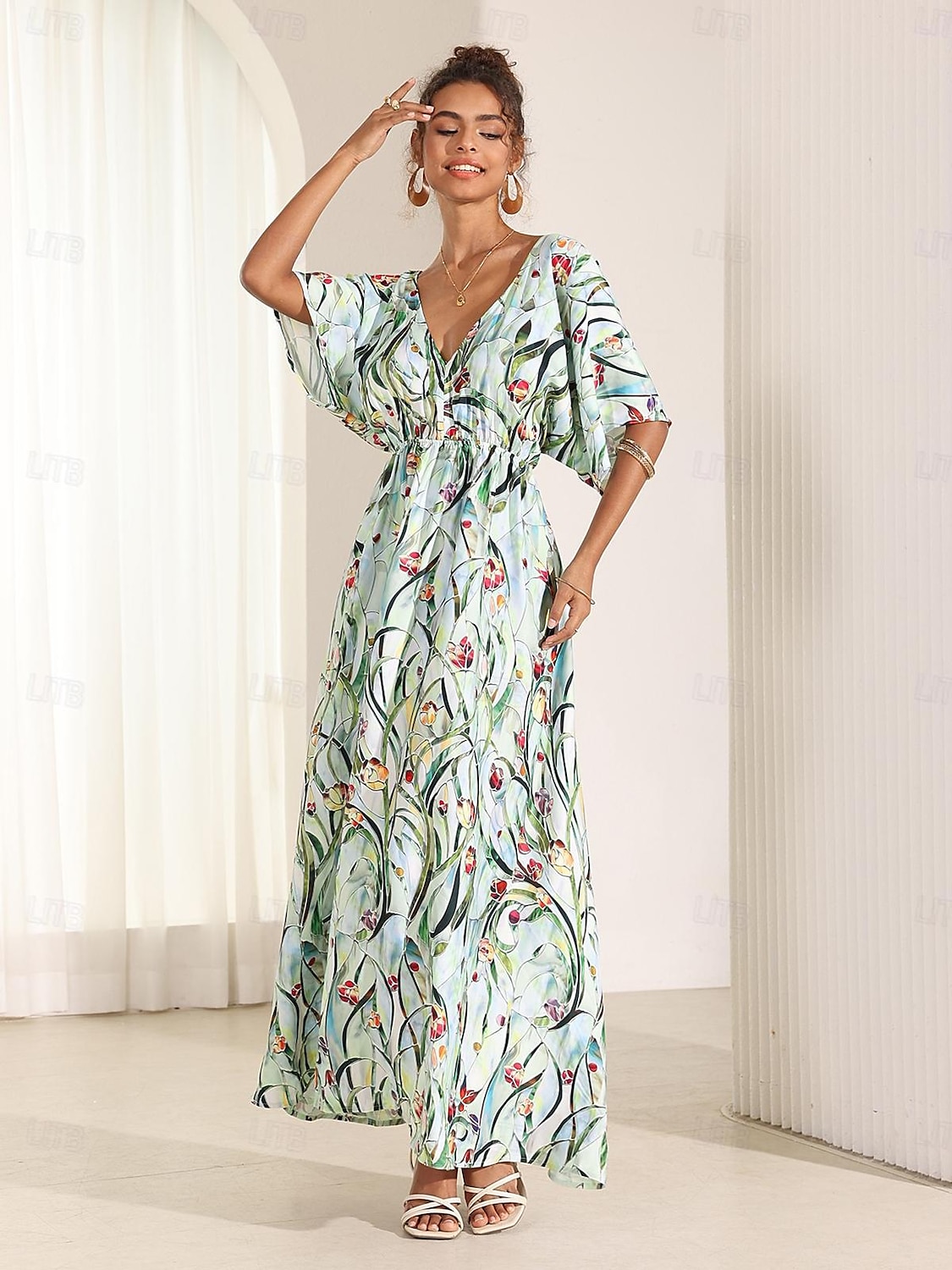 Femmes Robe Midi Robe évasée Robe trapèze Robe d'été Élégant Bohème Tropical Manche flottante Vacances Quotidien Date Coupe Ample Fleuri Manche Courte Col en V Bleu Vert Été de 2025 ? $49.99 –P3