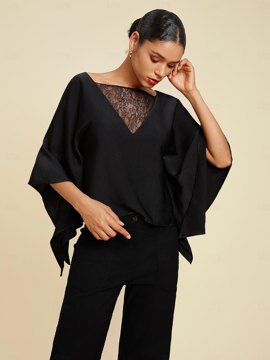 Dam Summer Tops Enfärgad / vanlig färg Ledigt / vardag Helgen Fladdermusärm Svart Spets Dolman Ledigt vardag Båthals Sommar 2026 - $67.99 –P6