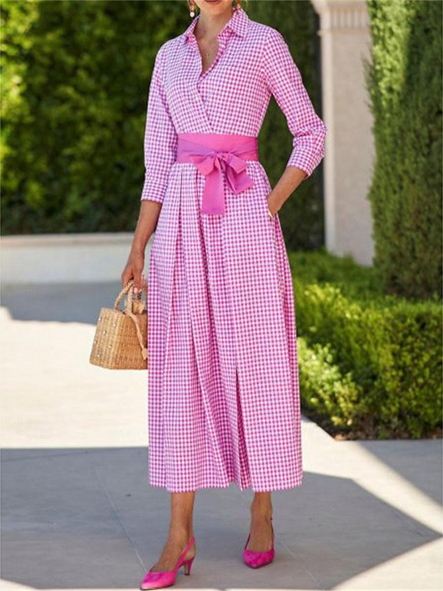 abito camicia da donna abito casual abito lungo maxi data vacanza moderno casual colletto camicia allacciatura bottone manica lunga estate primavera vestibilità regolare plaid del 2025 a $52.99 –P2